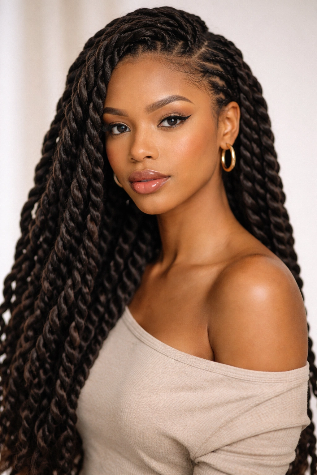 Thick twisted braids in a protective hairstyle