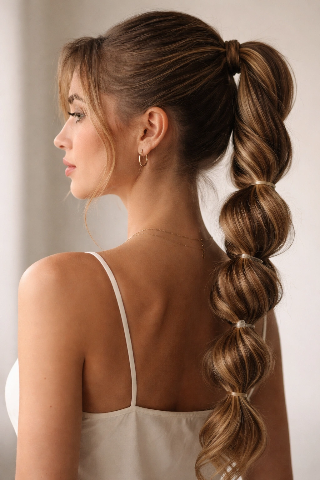 Ponytail with a twist-through bubbles creating a spiral pattern