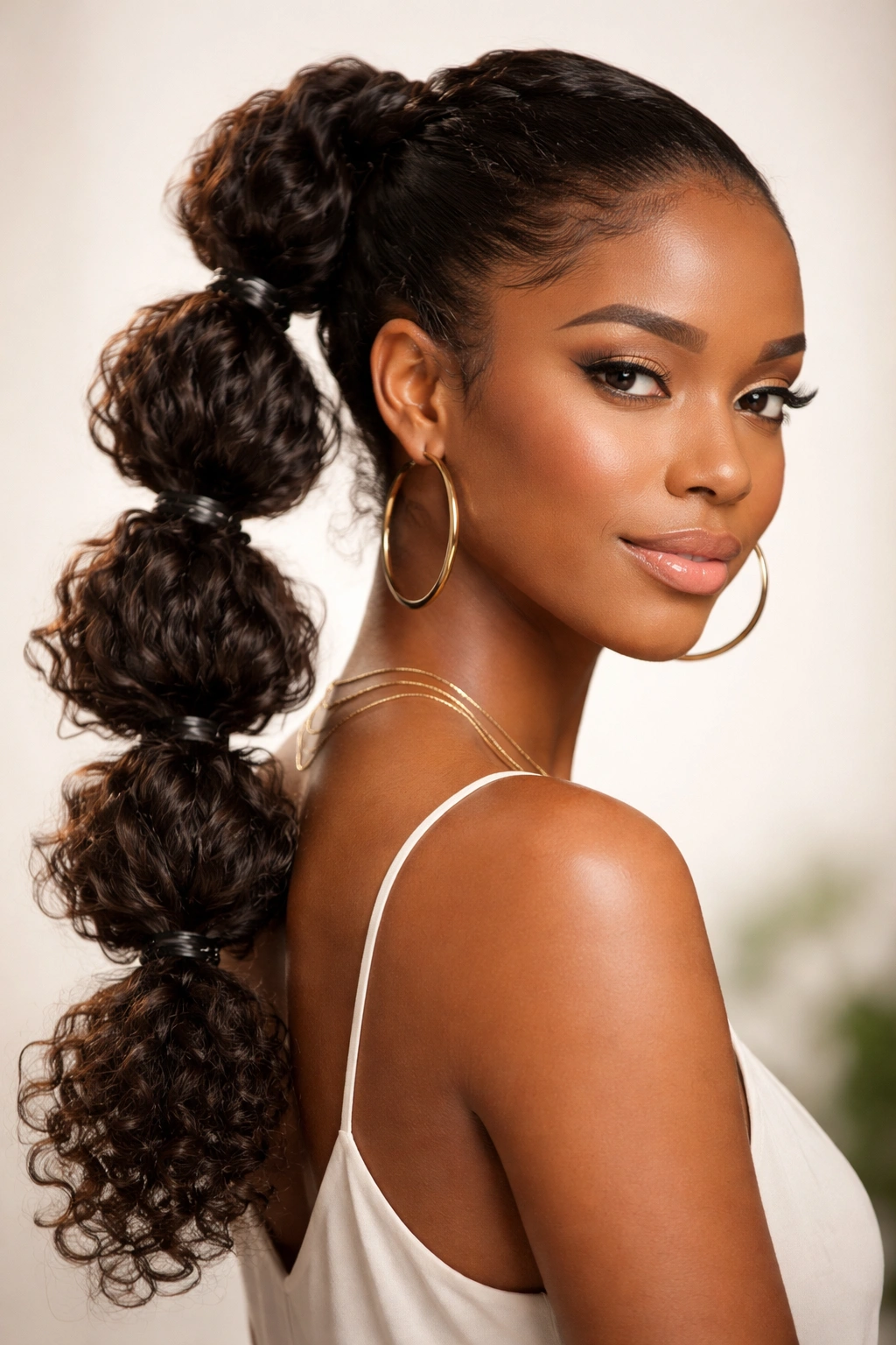 Twisted bubble ponytail with segmented curls and visible elastics
