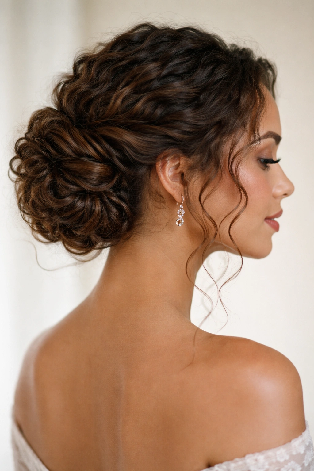 Profile view of hair twisted into a side bun with curl texture