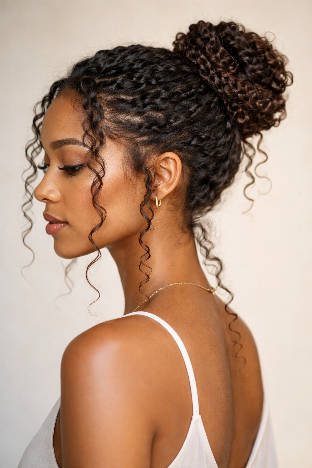 Twisted bun made from two-strand twists with loose tendrils around the face