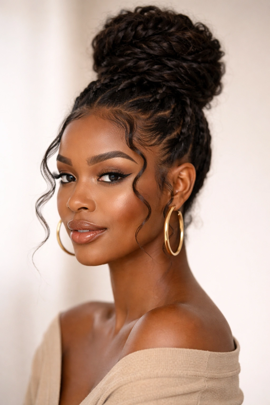 Side view of The Twisted High Bun with Edges highlighting face-framing twists.