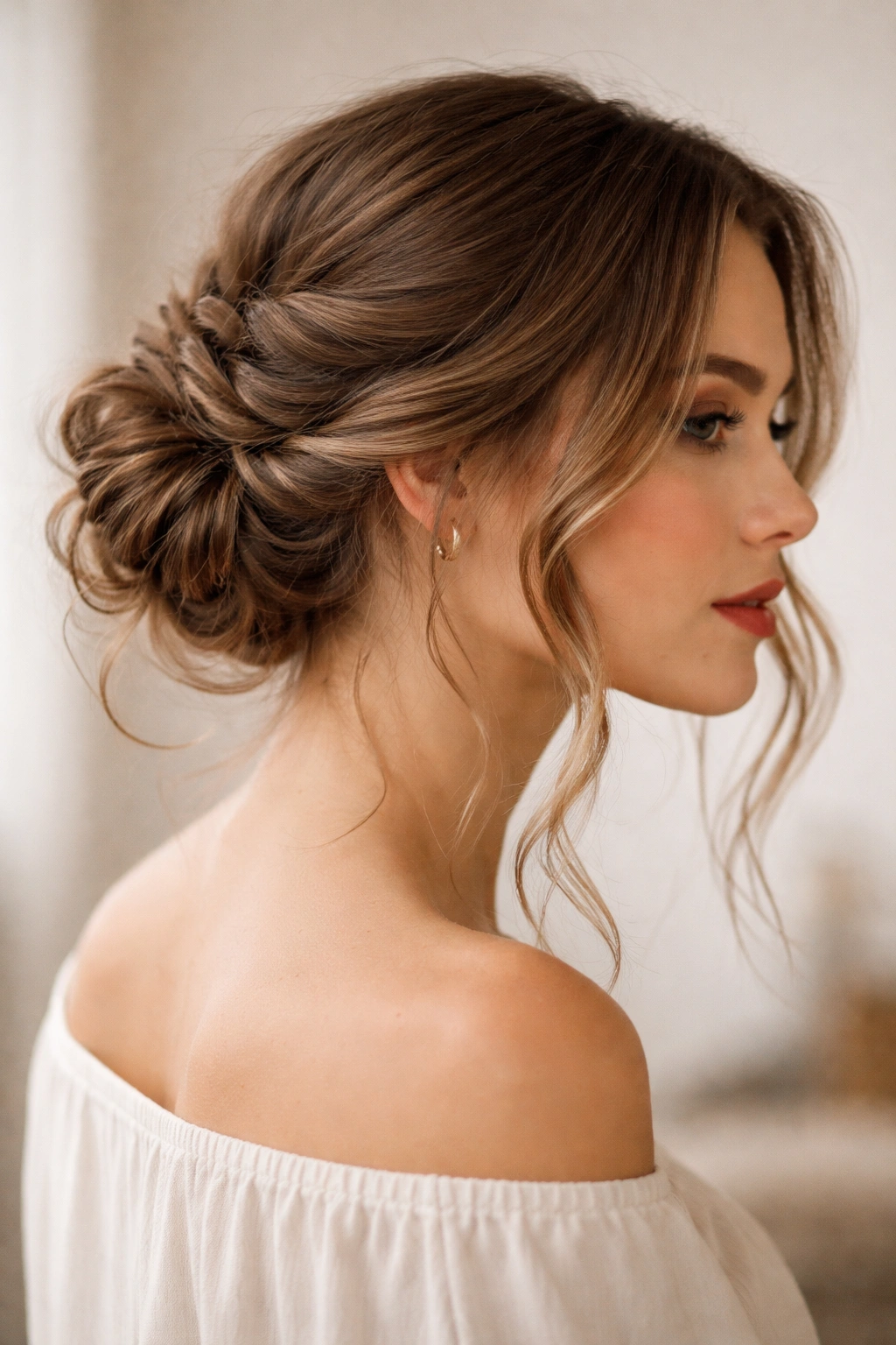 Loosely twisted bun with face-framing pieces showing texture