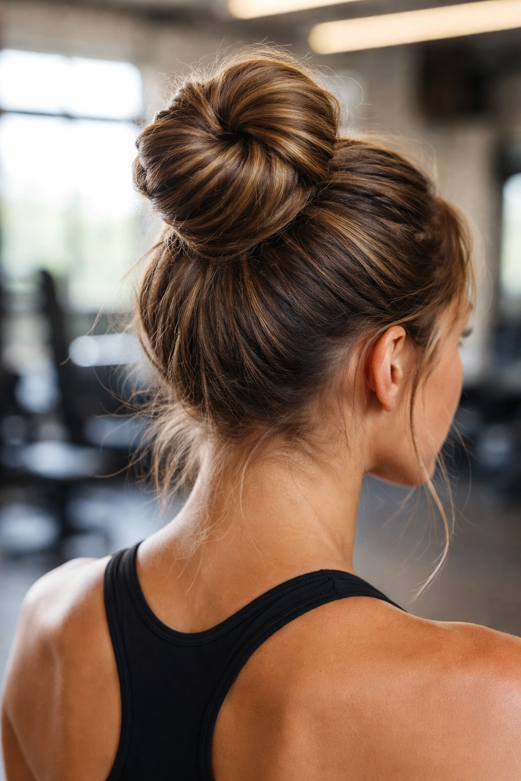 Close-up of a high twisted bun showing twist texture