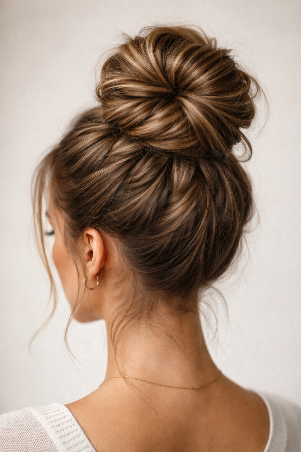 High bun with multiple twists around the crown