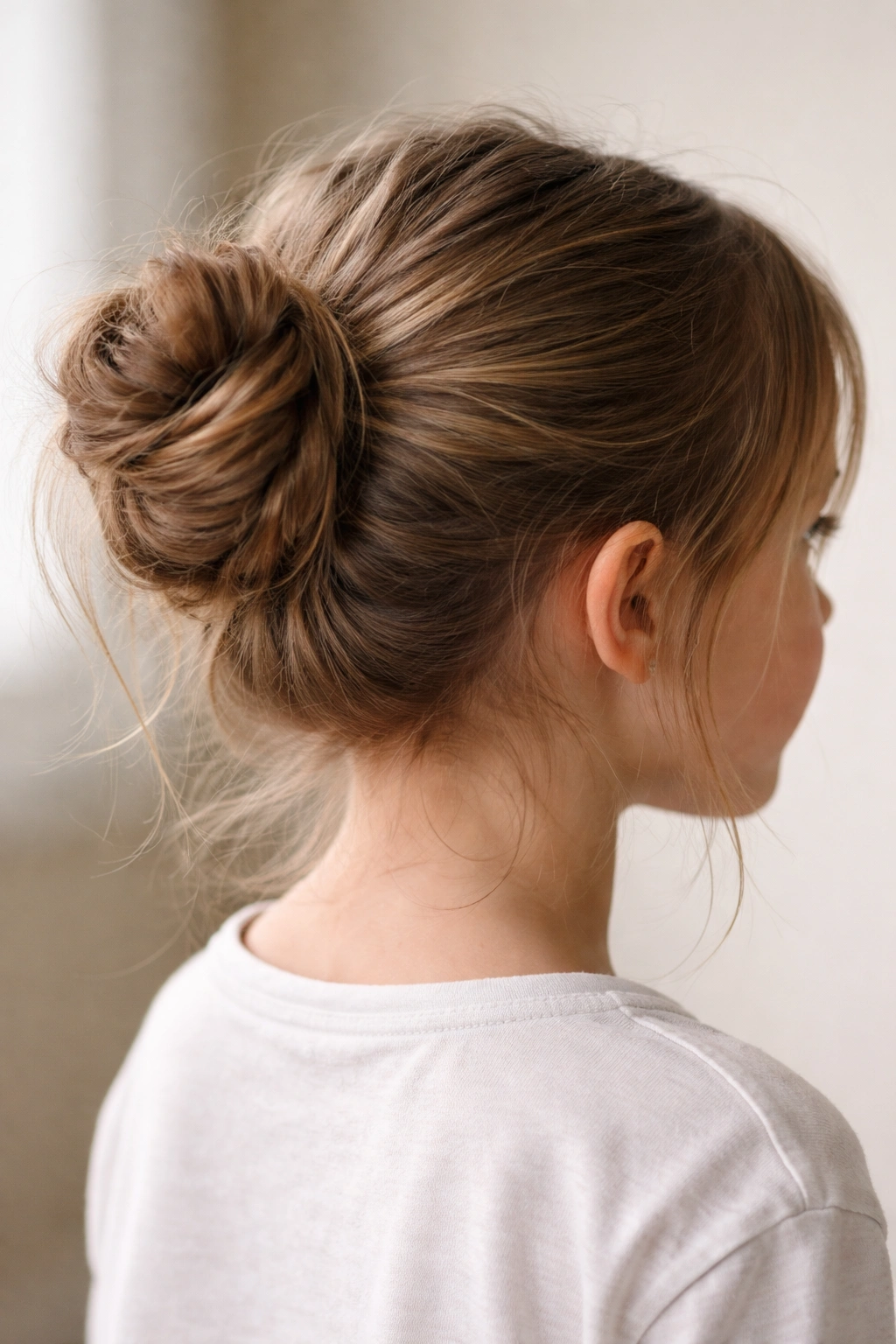 Close-up of a child's twisted bun hairstyle