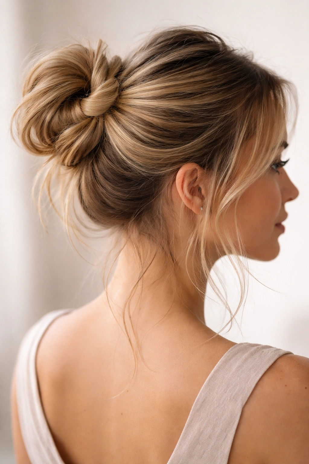 High ponytail twisted into two sections forming an X, with shorter layered pieces peeking out of a textured bun.