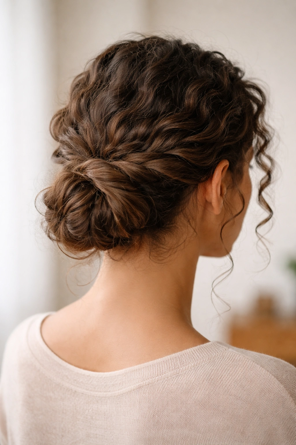 Low bun at the nape with two twisted sections, curls framing the sides