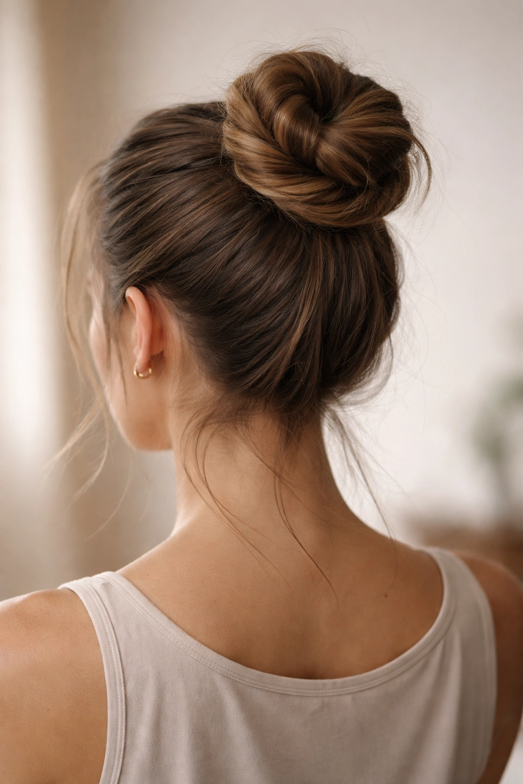 Twisted knot bun formed from a high ponytail without pins