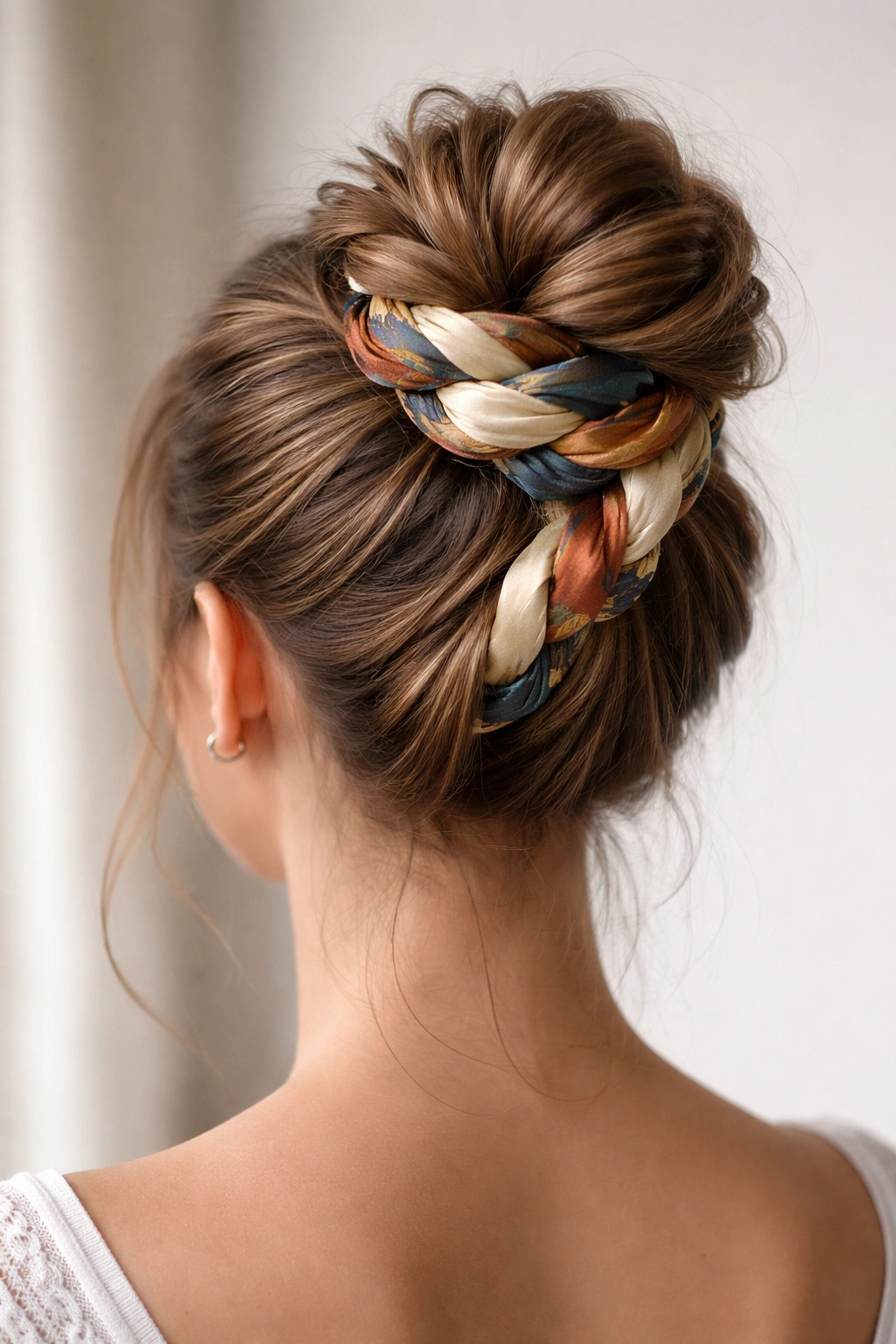 Twisted spiral bun with silk scarf woven through twists