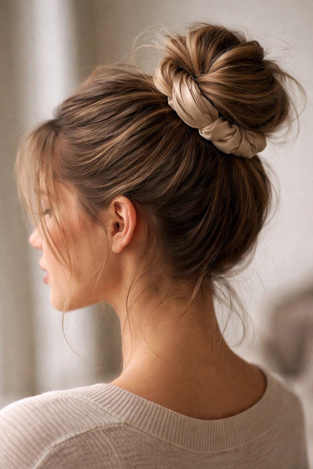 High crown twisted bun secured with scrunchie, texture visible.