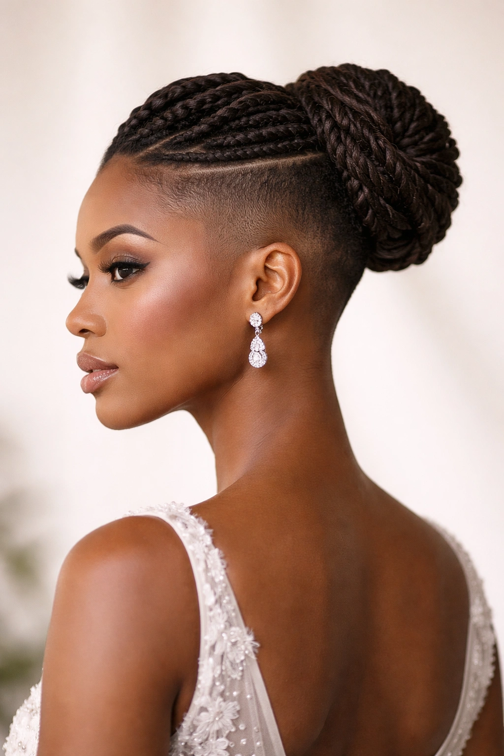 Twisted bun with shaved sides in a modern bridal style.