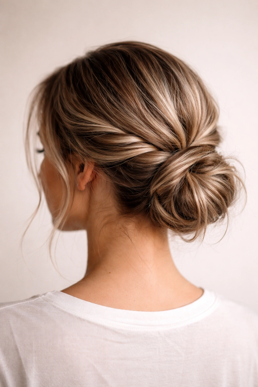 Close-up of a low messy bun with twists at the nape