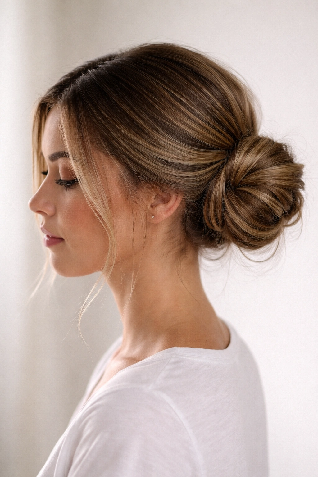 Side view of a twisted side wrap bun with a middle part