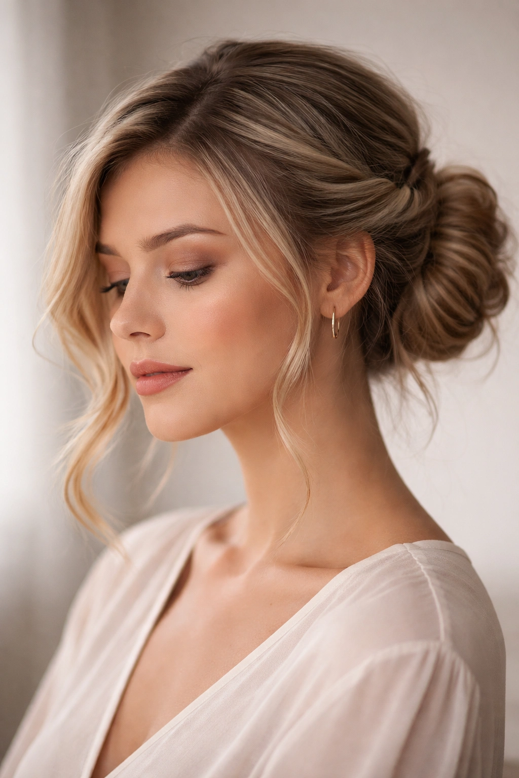 Portrait of a romantic twisted side-part bun with multiple twists and textured finish