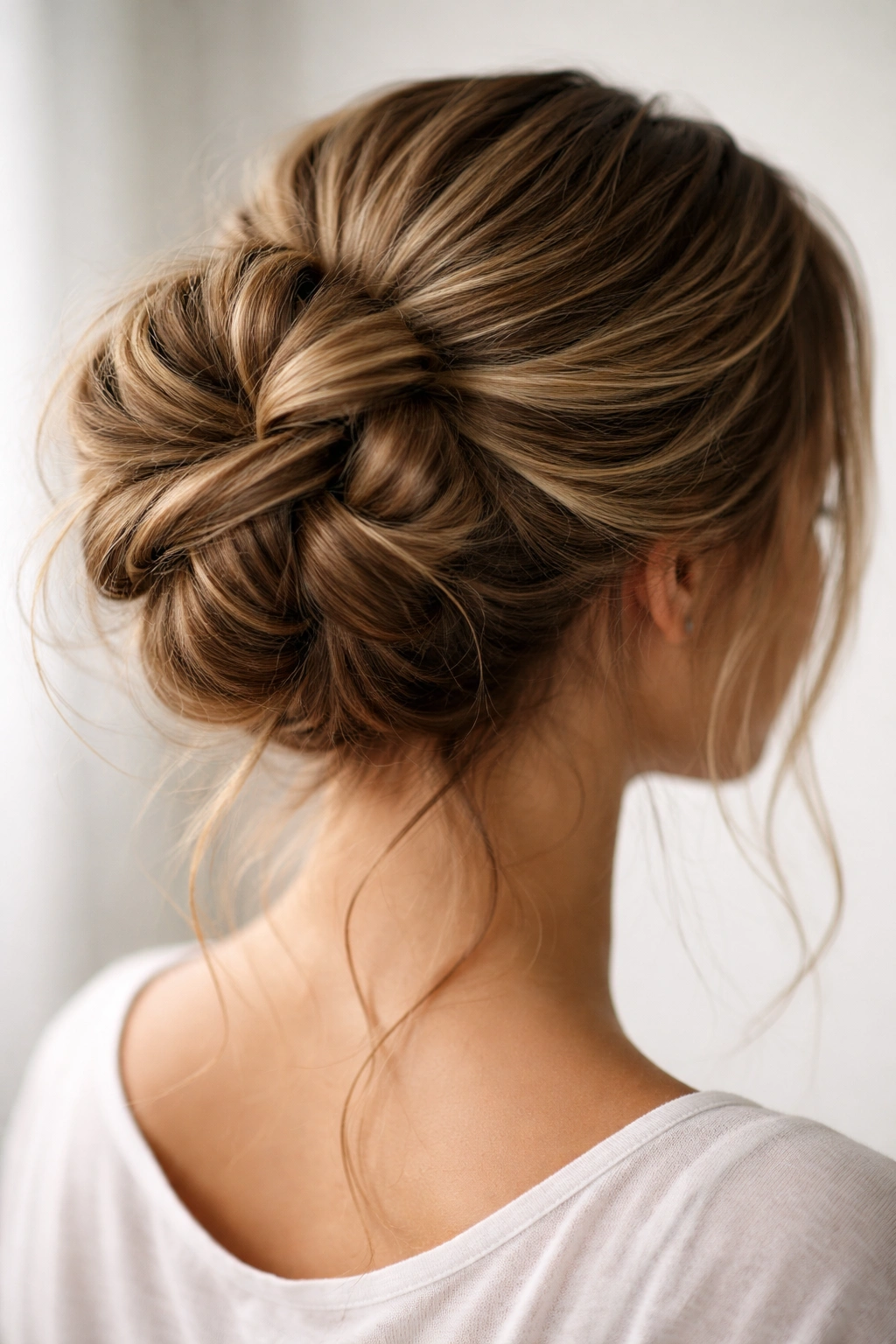 Twisted messy bun with distinct crown twists wrapped into a bun