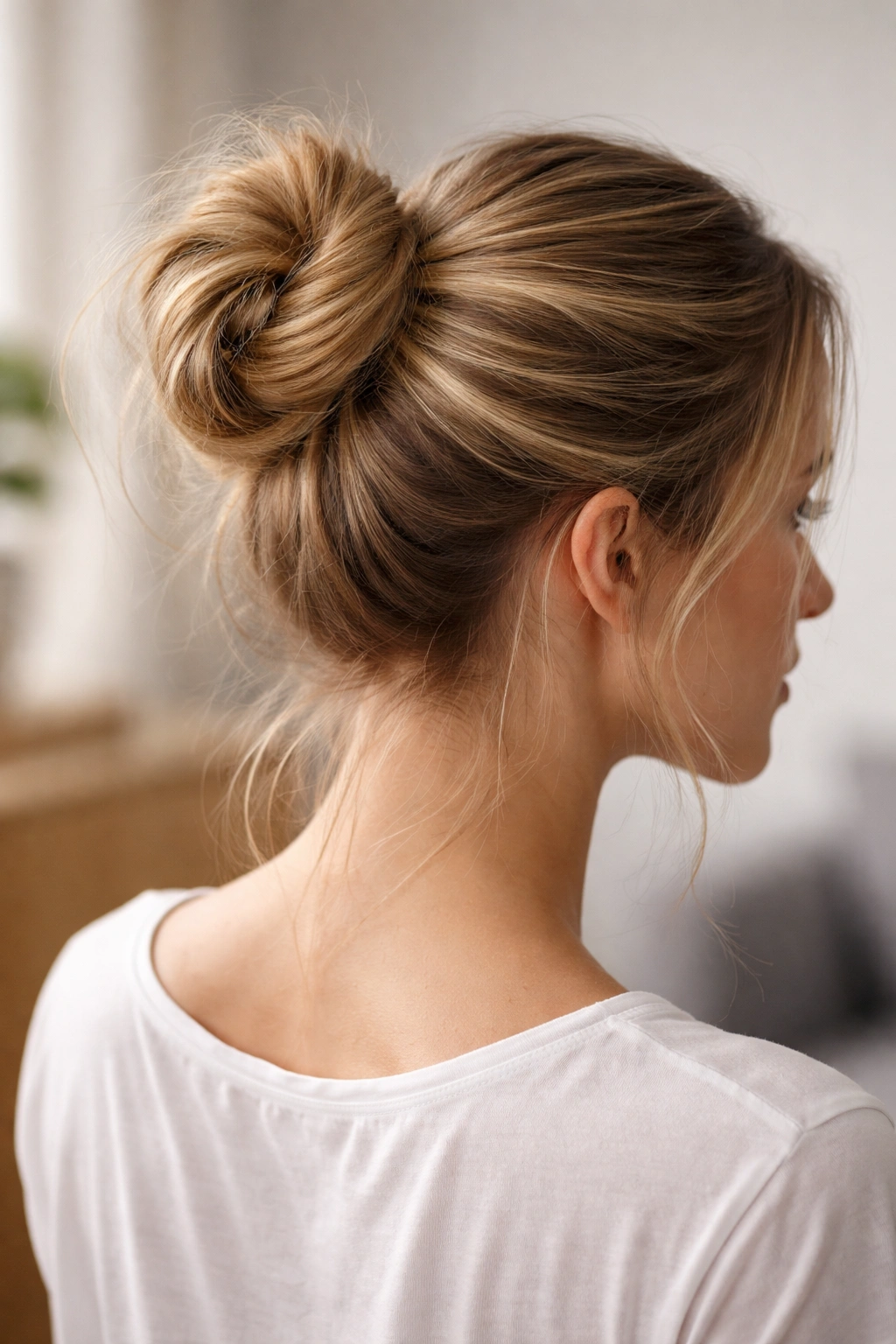 High twisted wrap messy bun with tucked ends