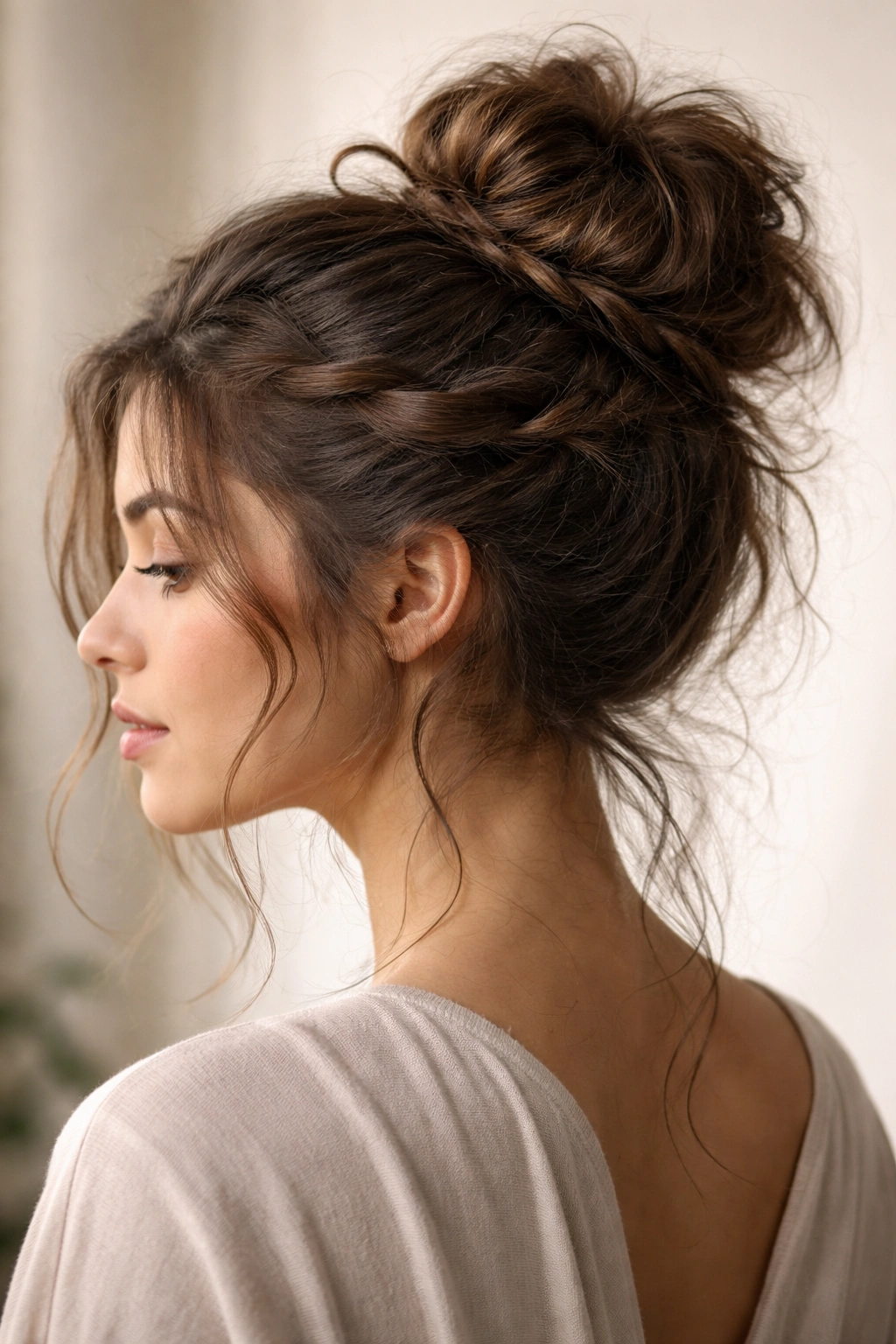 Close-up profile of a twisted crown messy bun on thick frizzy hair