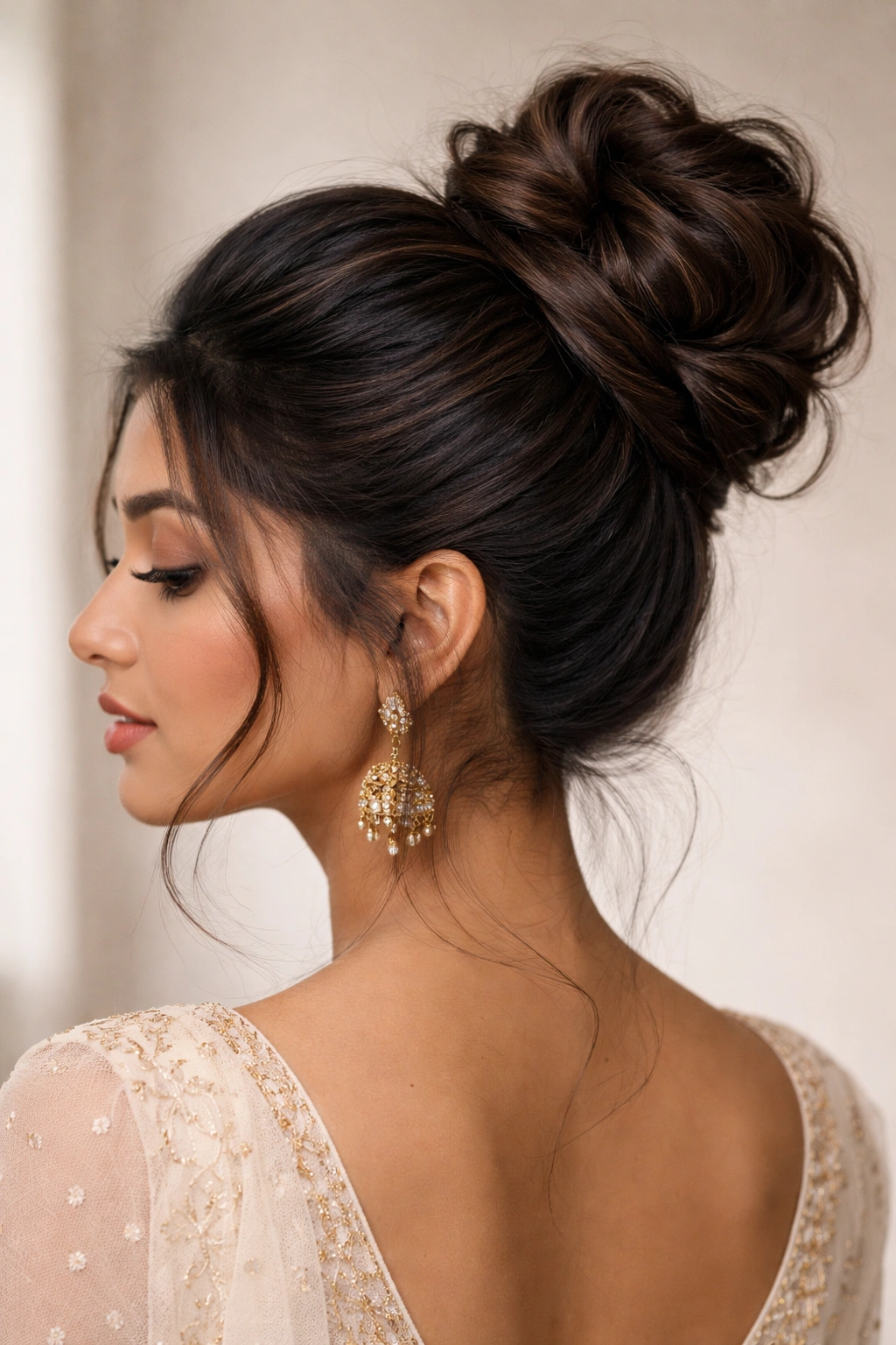 Close-up of thick Indian hair twisted into a high-volume crown bun with dimensional texture