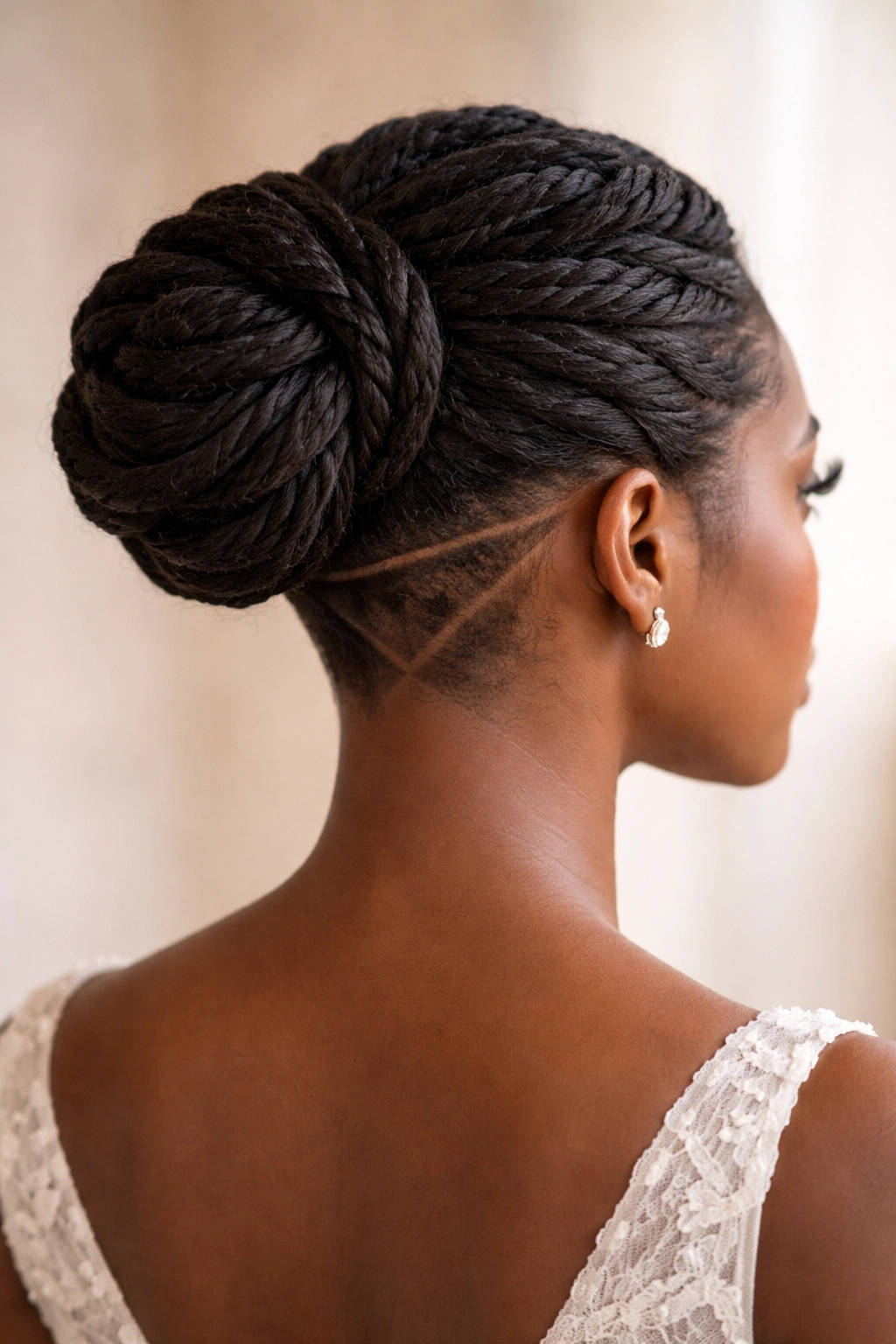 Twisted bun with undercut visible at nape in bridal portrait