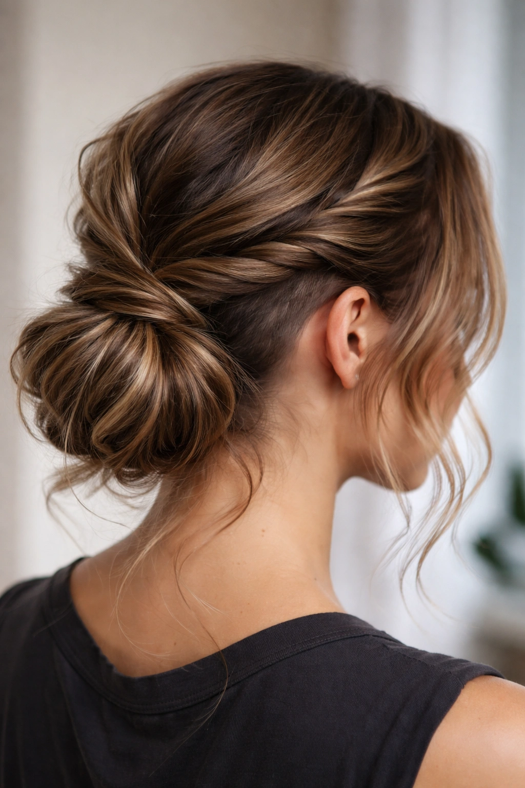 Twisted low bun with side twists and subtle undercut texture