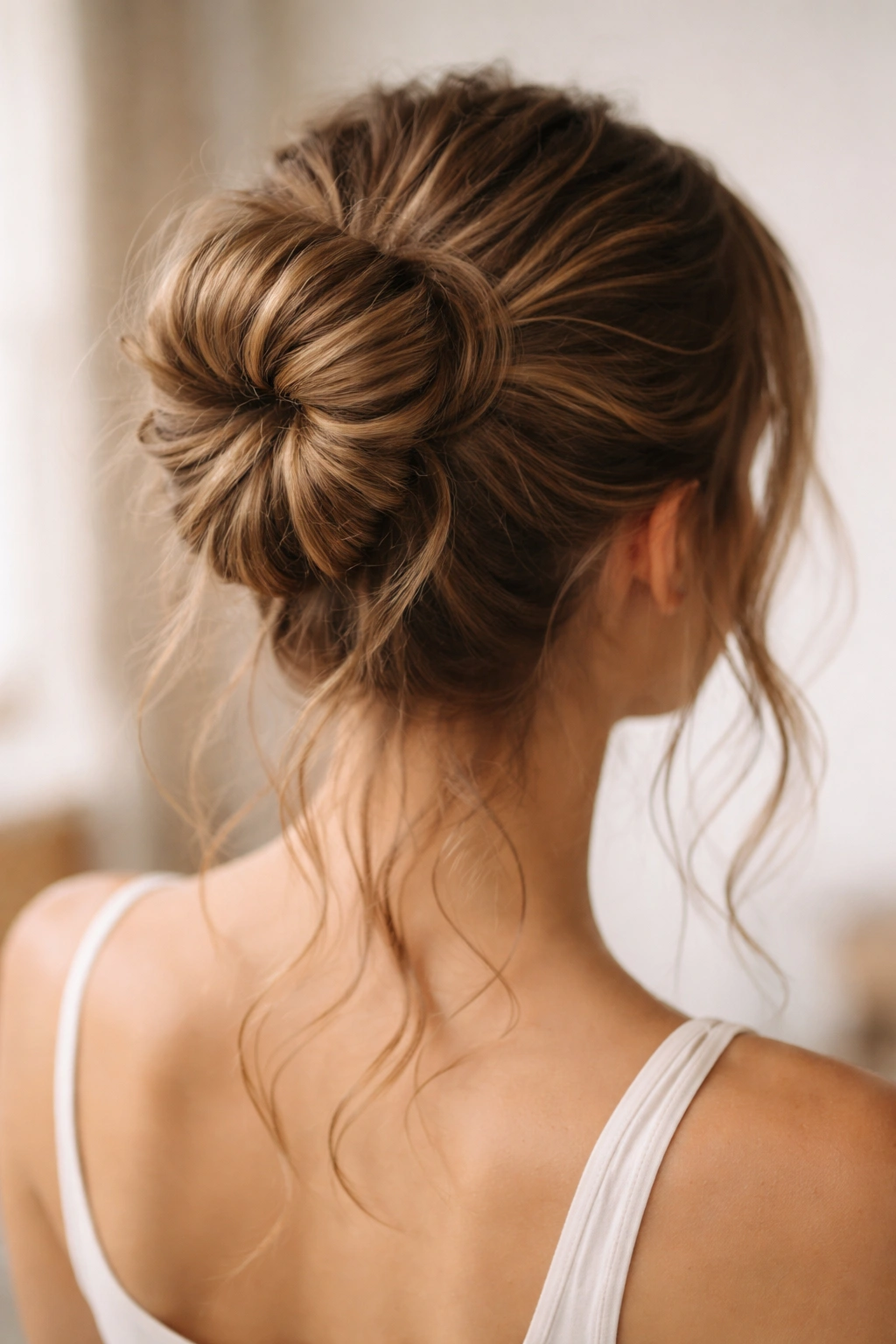 Close-up of a high twisted wavy bun highlighting textured waves.