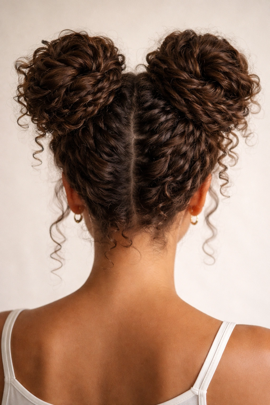 Two buns created by twisting sections of curly hair
