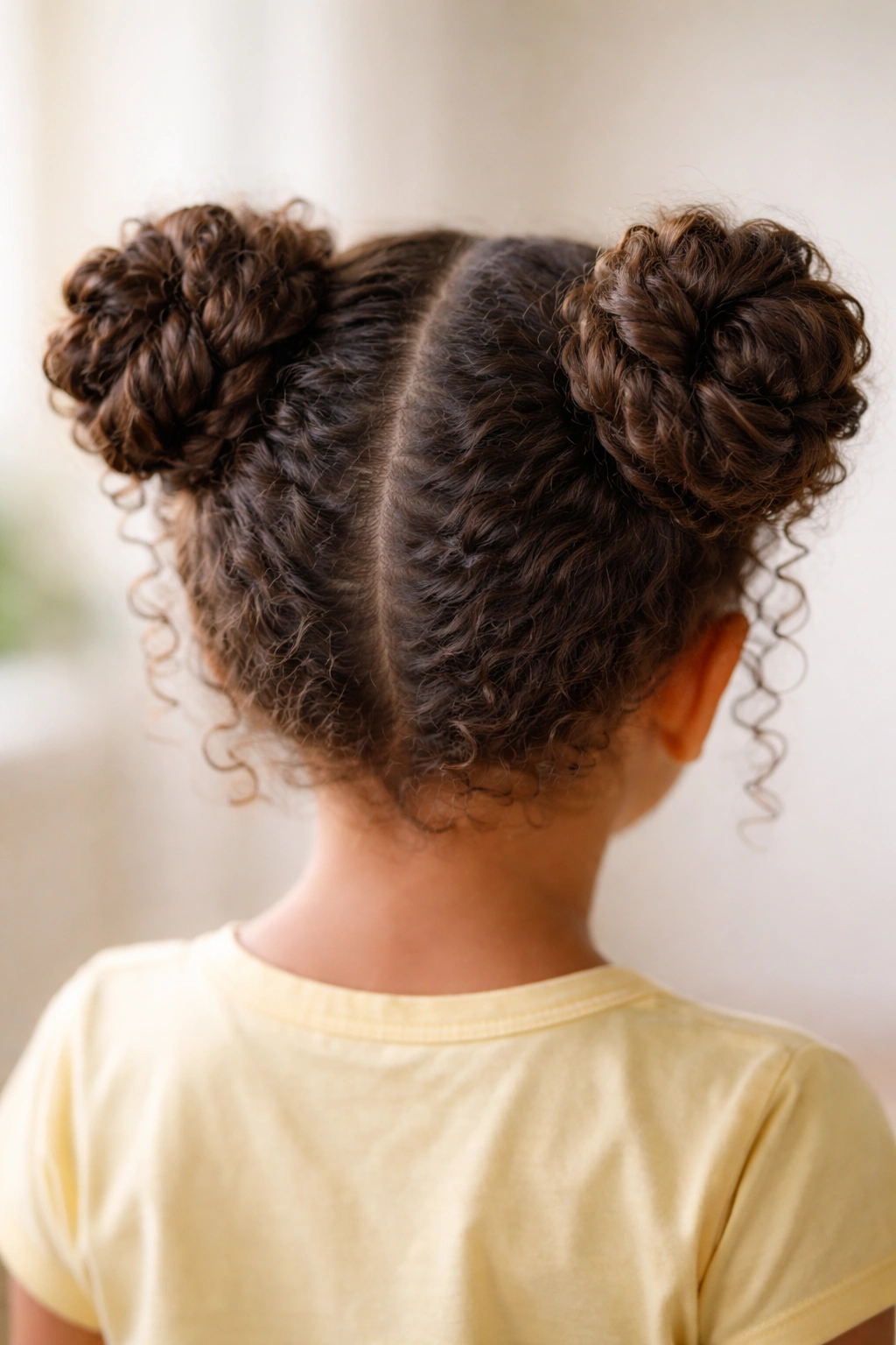 Two twisted buns on either side of the head with curly hair.