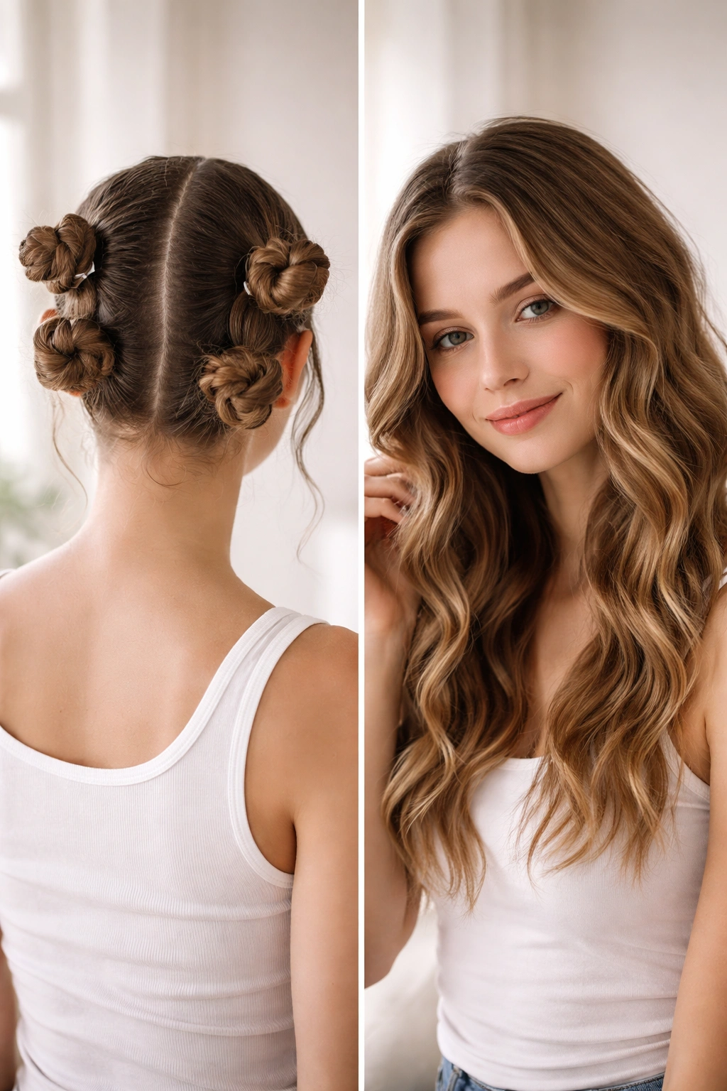 Twisted buns on hair creating soft waves when released