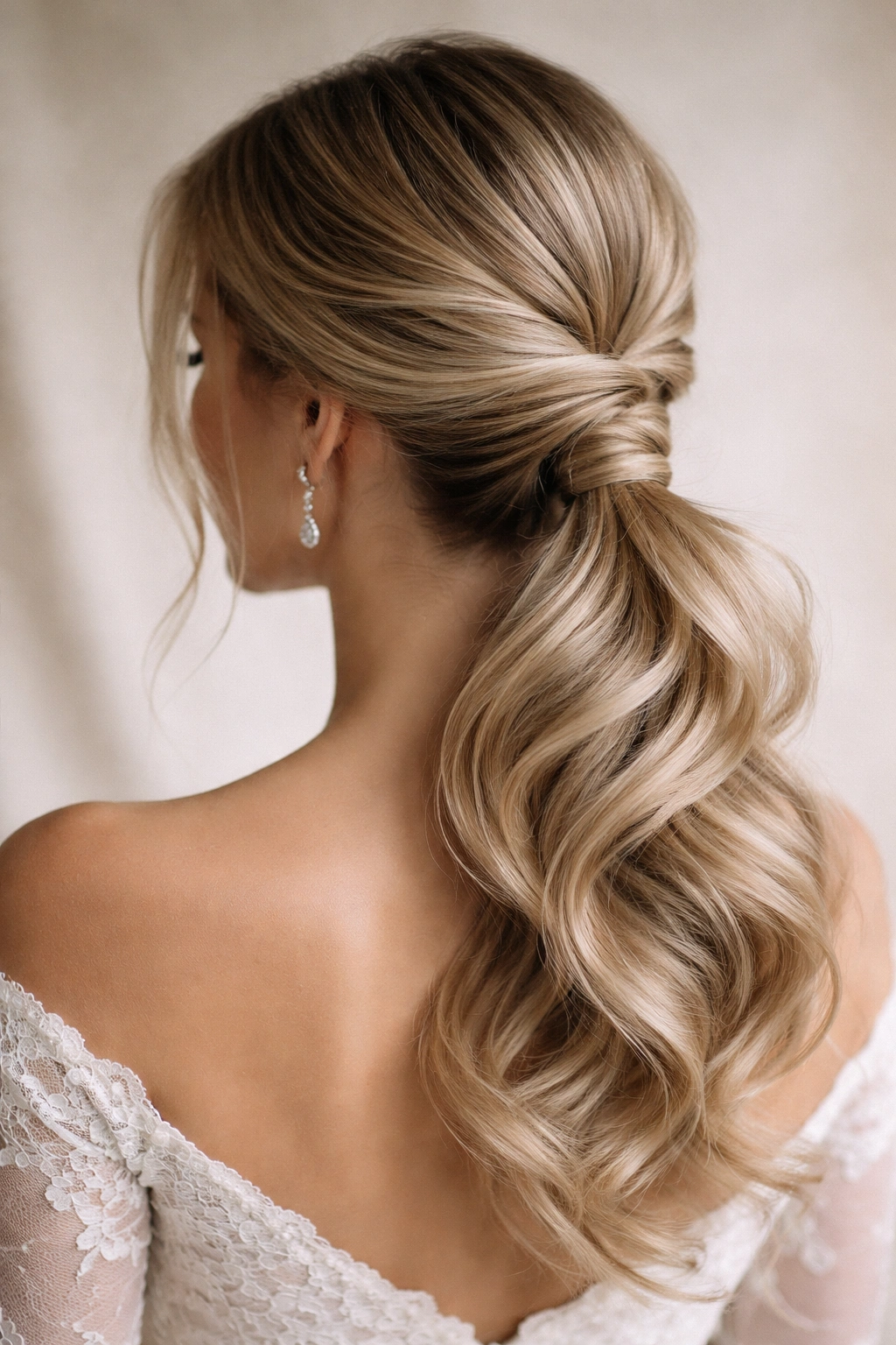 Low ponytail with twisted and coiled base forming a loose rose shape.
