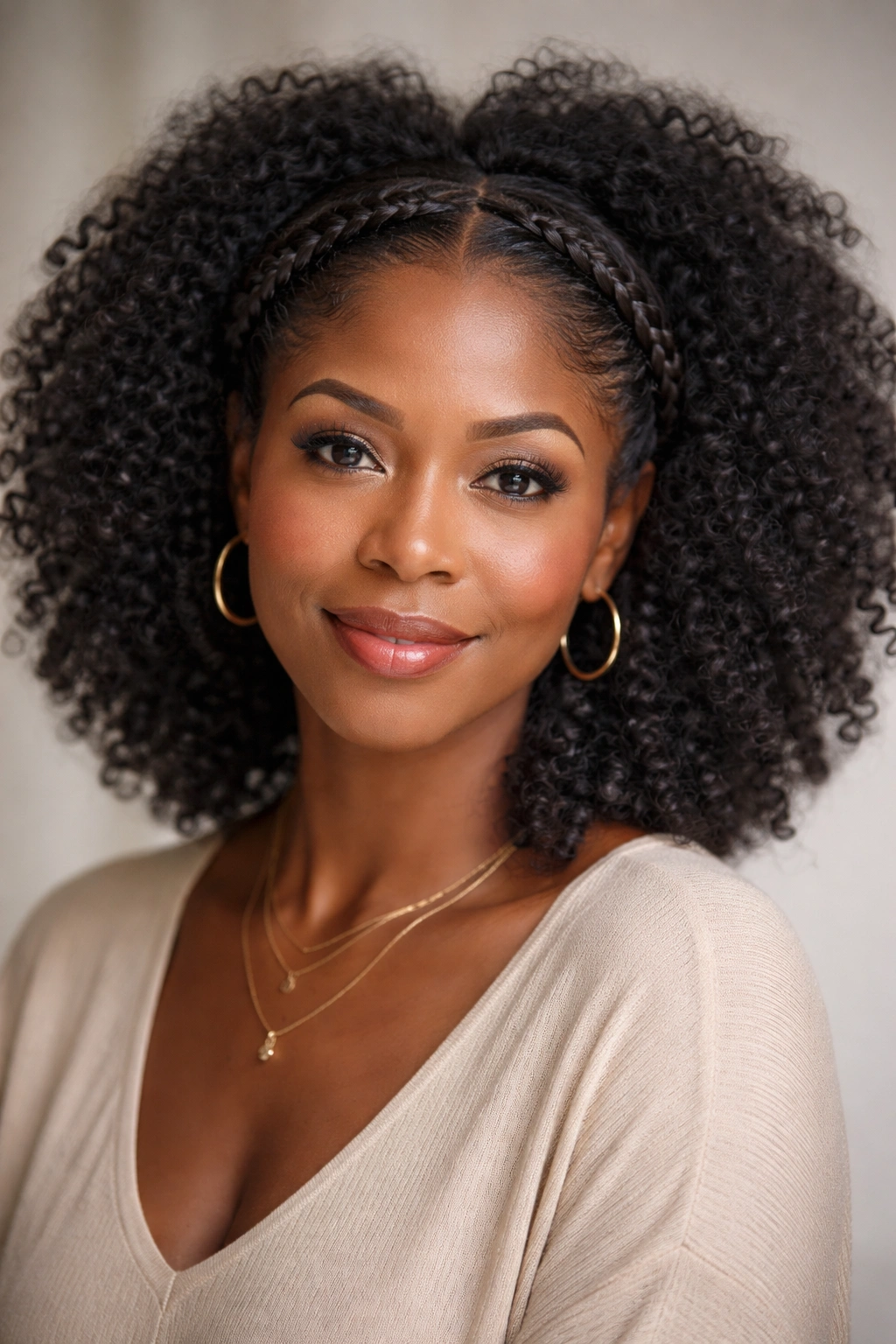 Mature woman with a crown of twists and a loose afro underneath, portrait lighting
