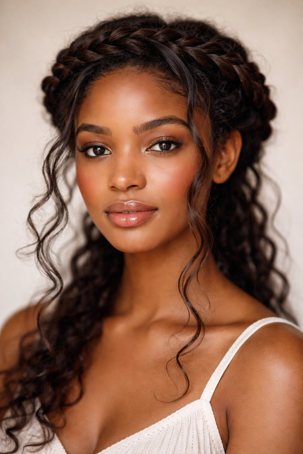 Twisted crown hairstyle on Afro hair with loose tendrils
