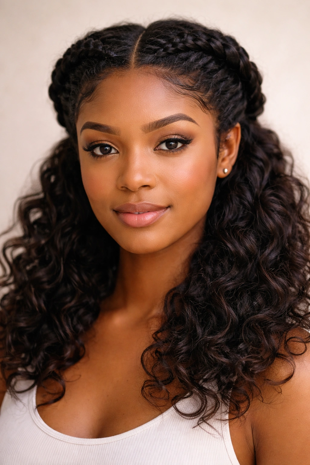 Front view of a twisted crown hairstyle with twin spirals framing the face