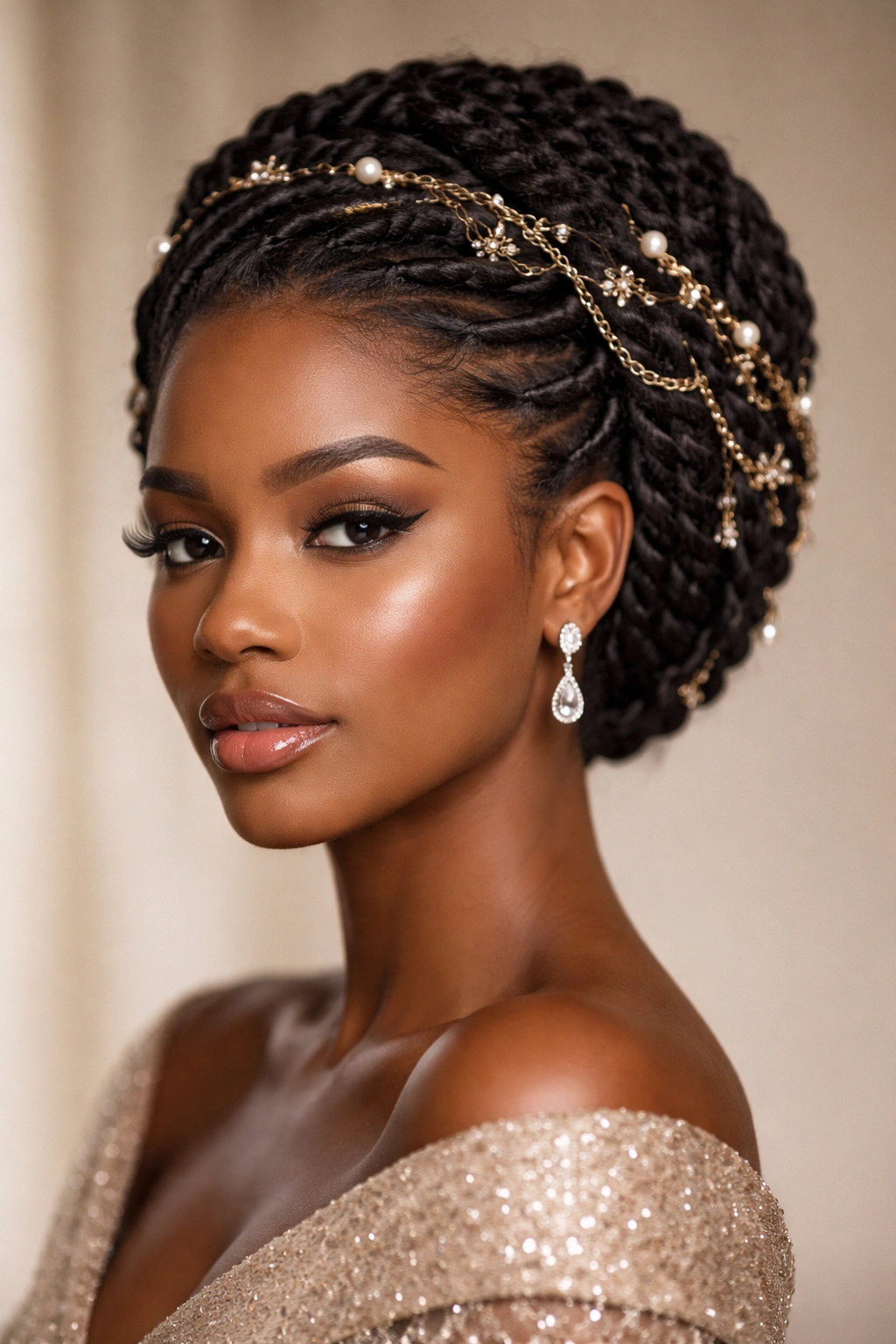 Twisted crown hairstyle with ornamental pins and chains around the twists