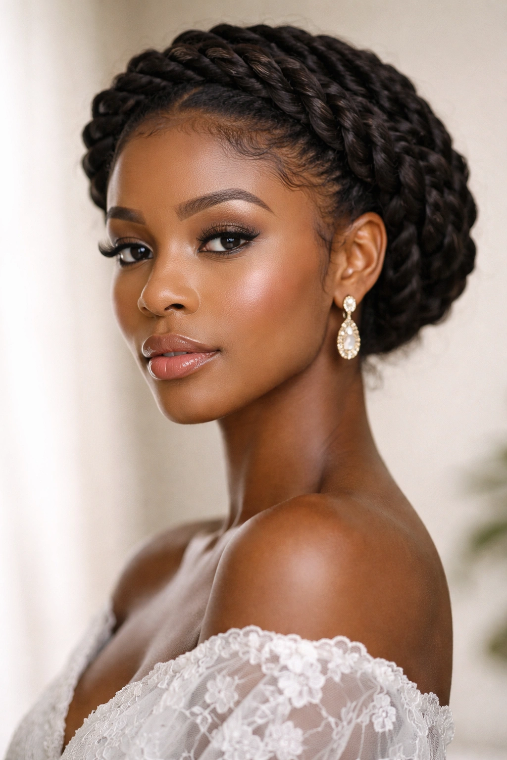 Twisted crown braids forming a halo around the head