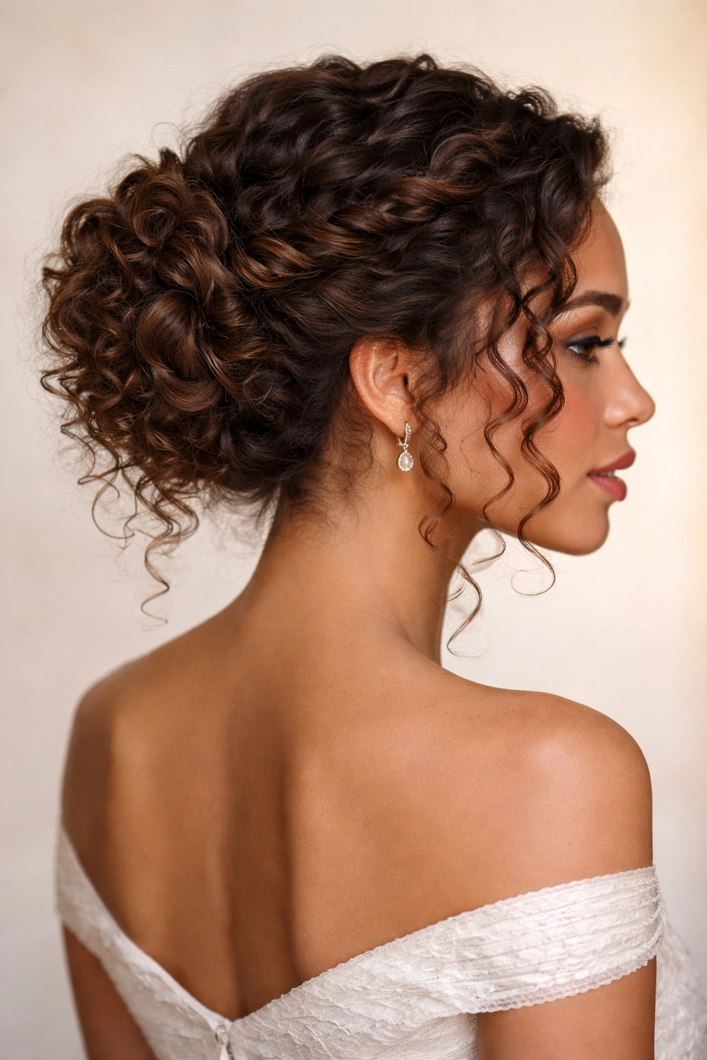 Twisted crown curly bun with two twisted sections forming a crown on the head