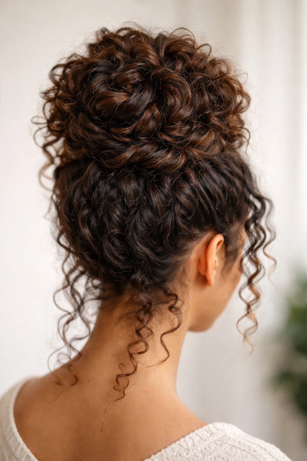 Close-up of a high crown twisted bun on curly hair highlighting texture and volume