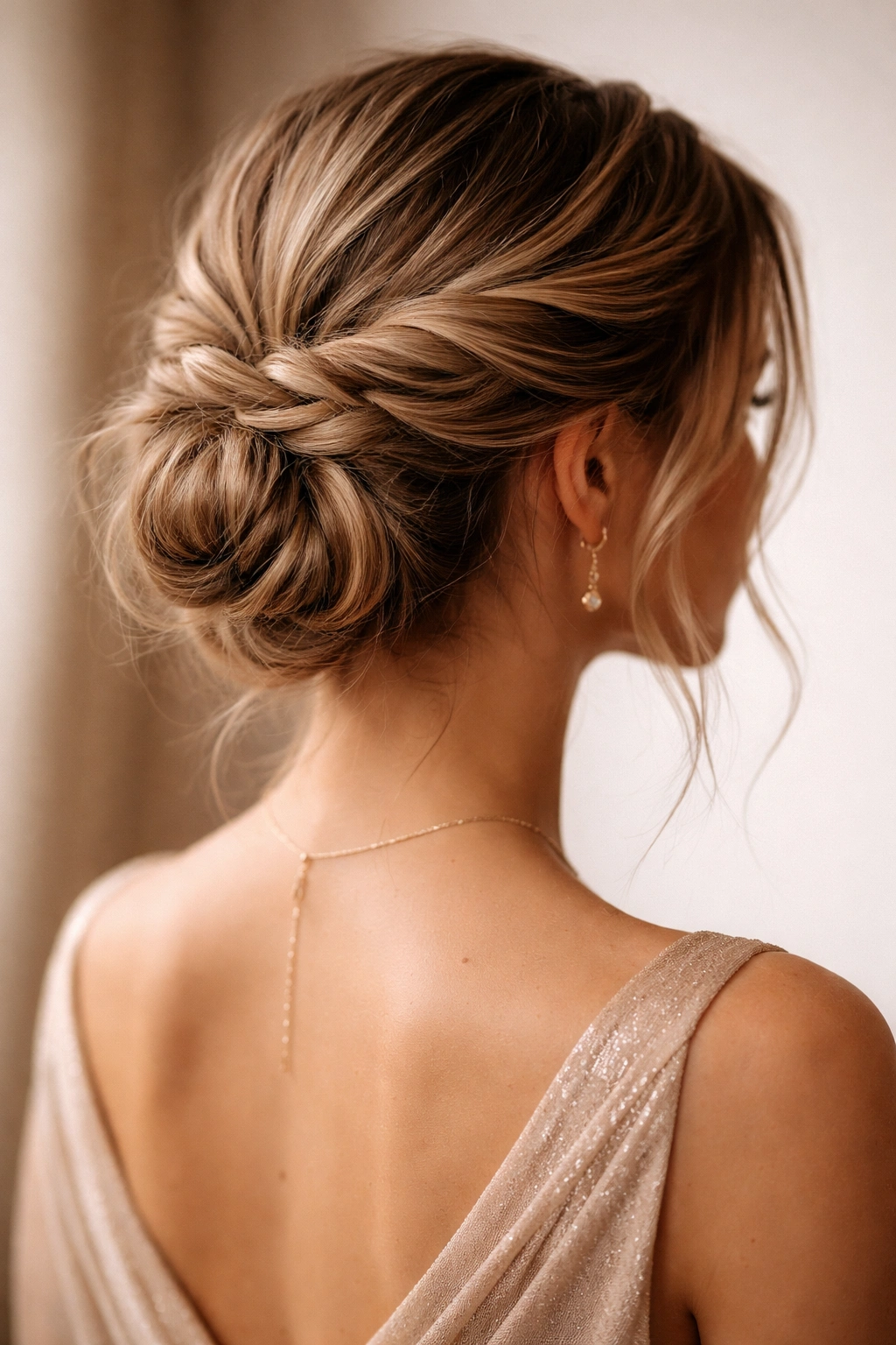 Twisted crown bun framing the head with twists at the temples