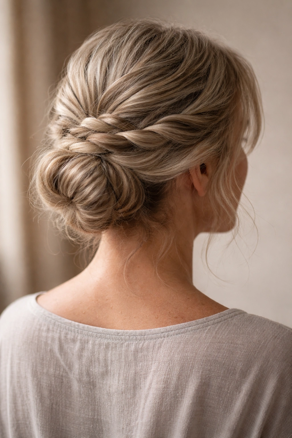 Back view of twisted crown bun with crown-like twists around the head