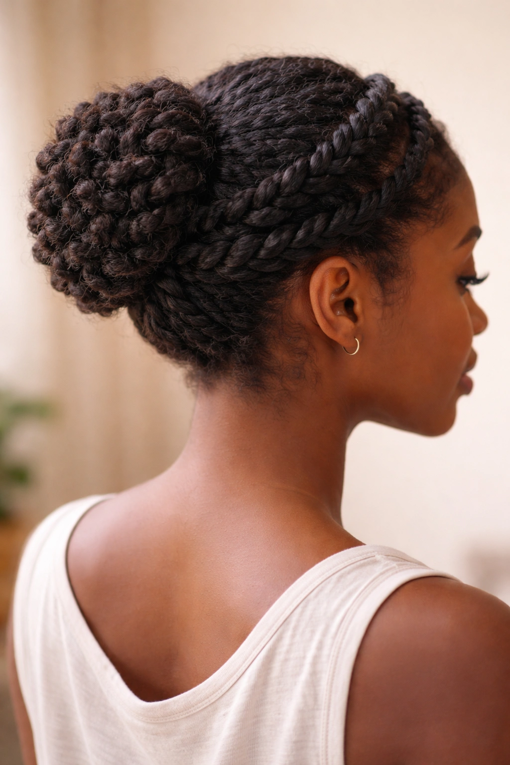 Two-strand twists forming a crown that leads into a bun