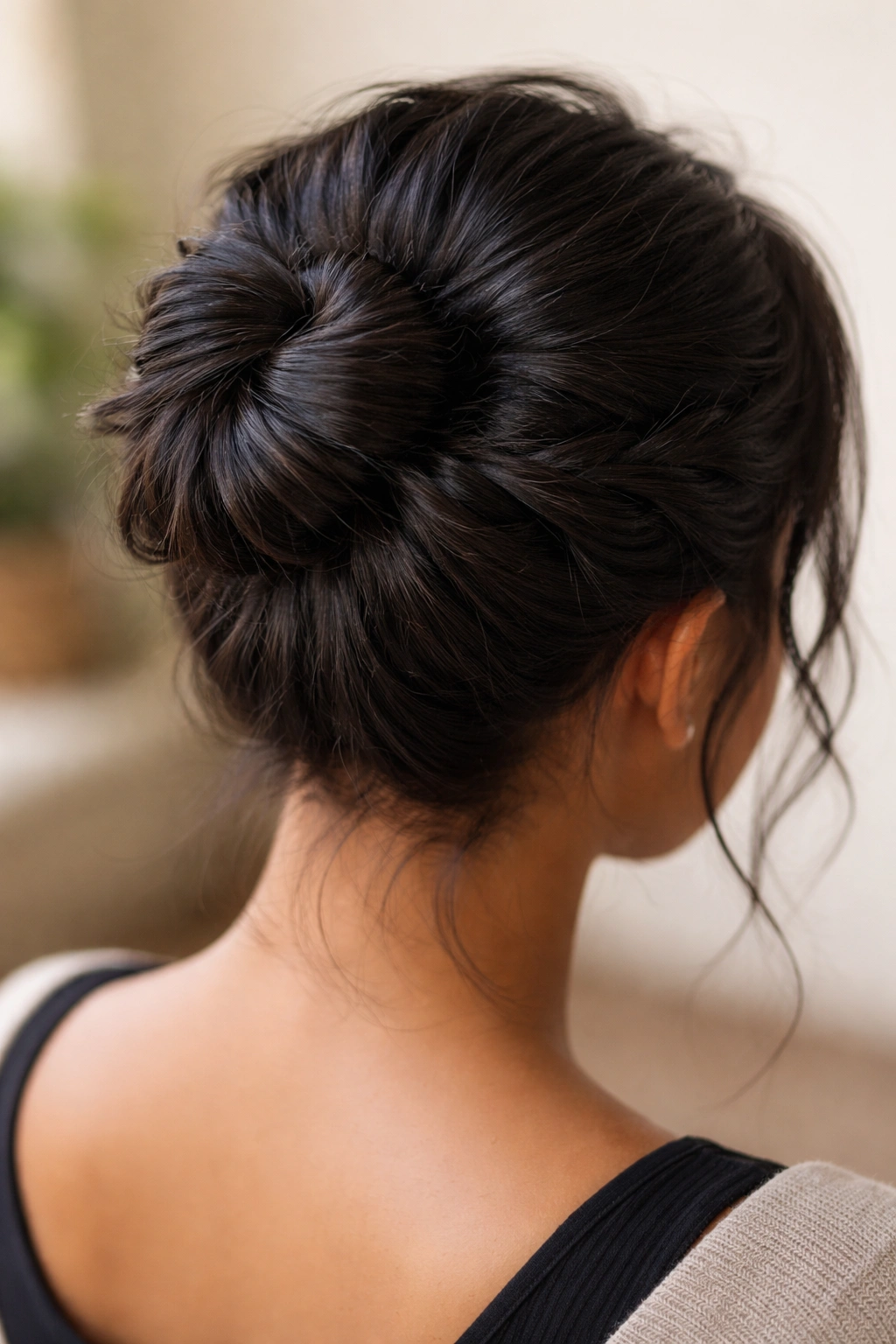 Close-up of crown twist bun on short black hair