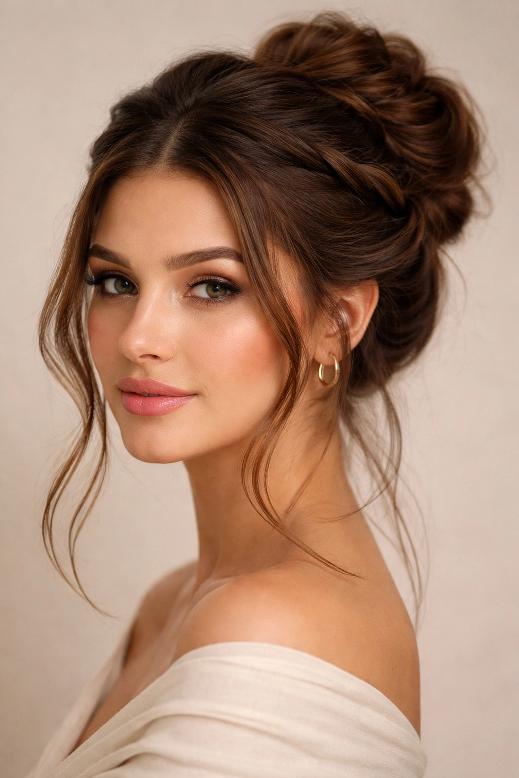 Close-up of thick hair with two front twists framing the face and a back bun forming a crown halo.