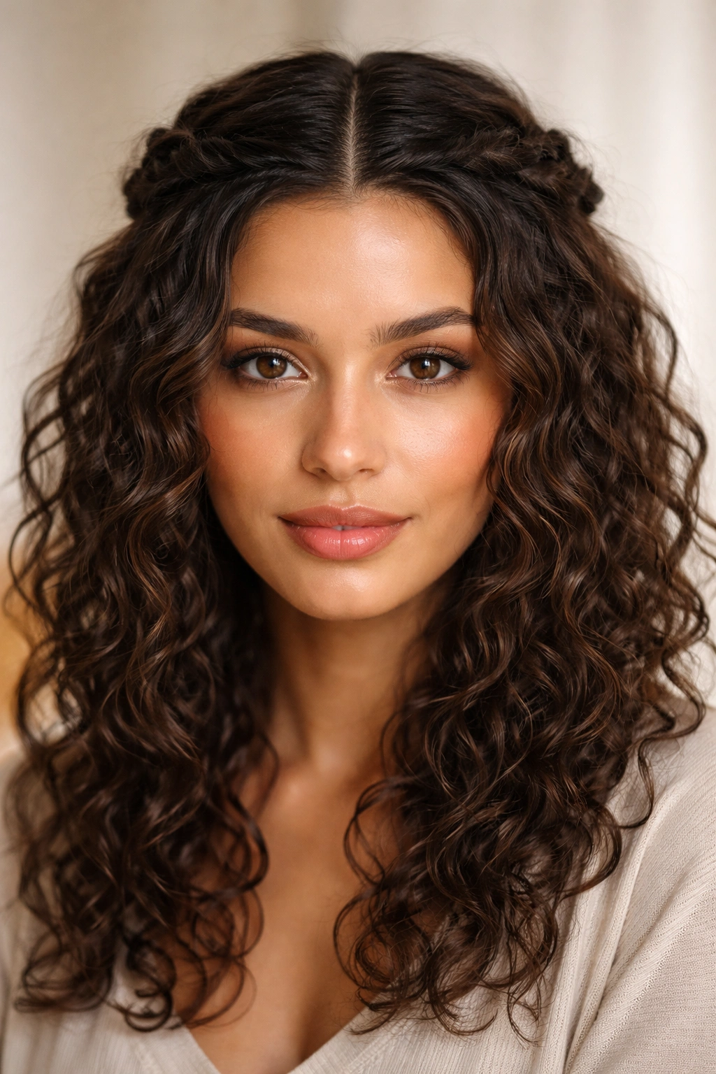 Twisted crown with center part on greasy curls