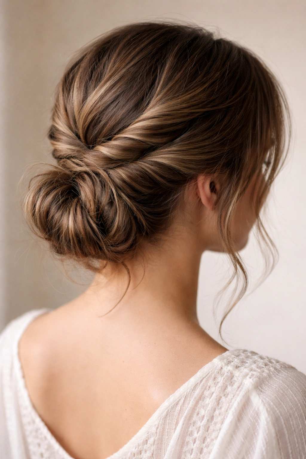 Back view showing twisted crown strands wrapping into a low bun
