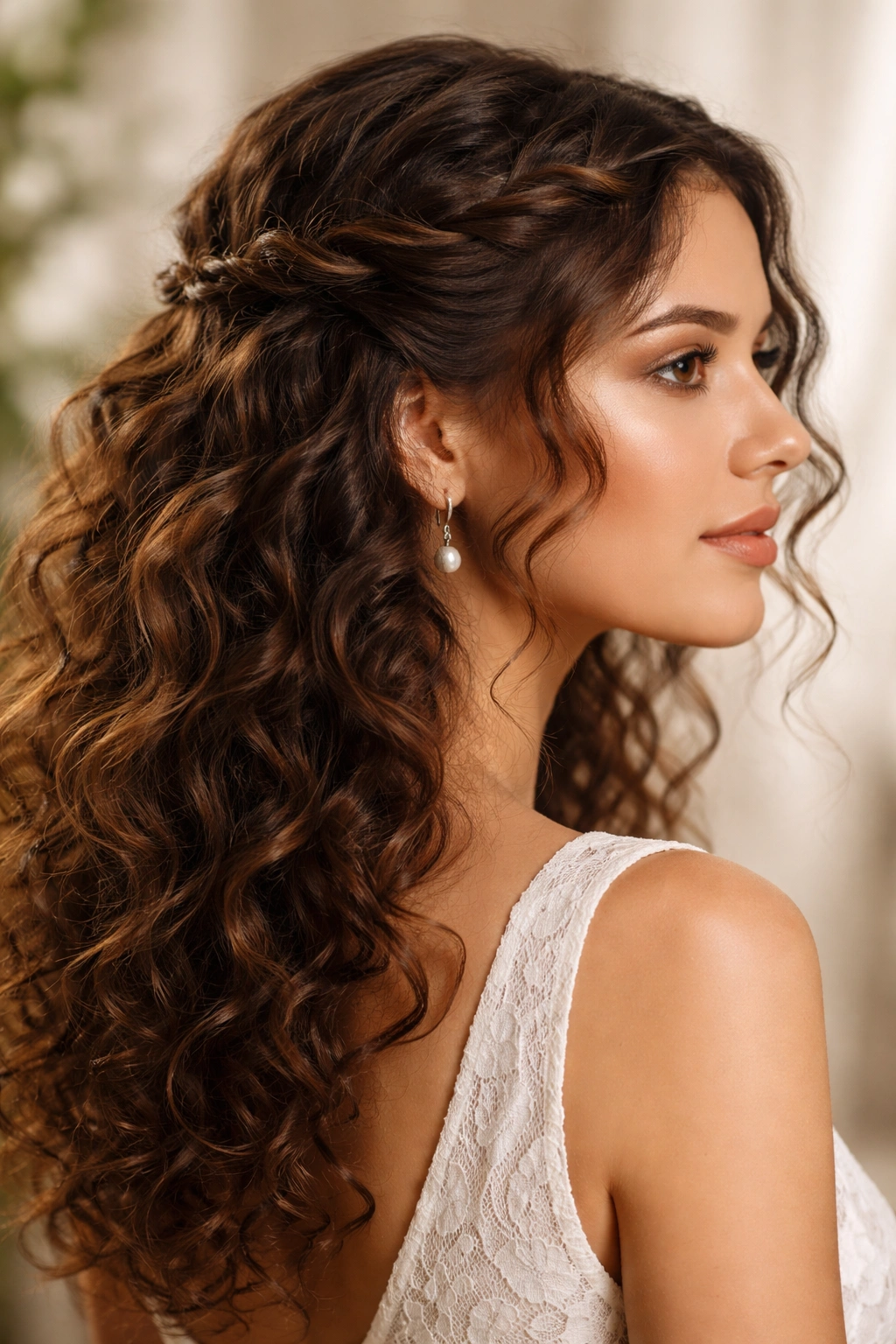 Twisted crown hairstyle with two twists and loose curls framing the face.
