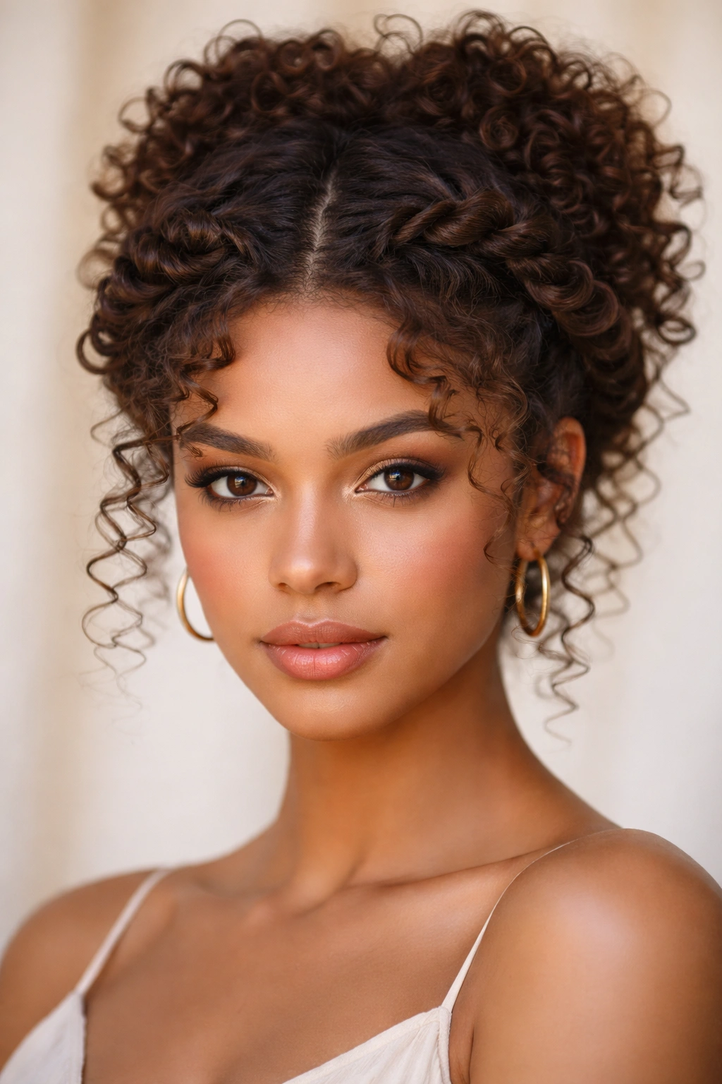 Front view with twisted spiral crown curls