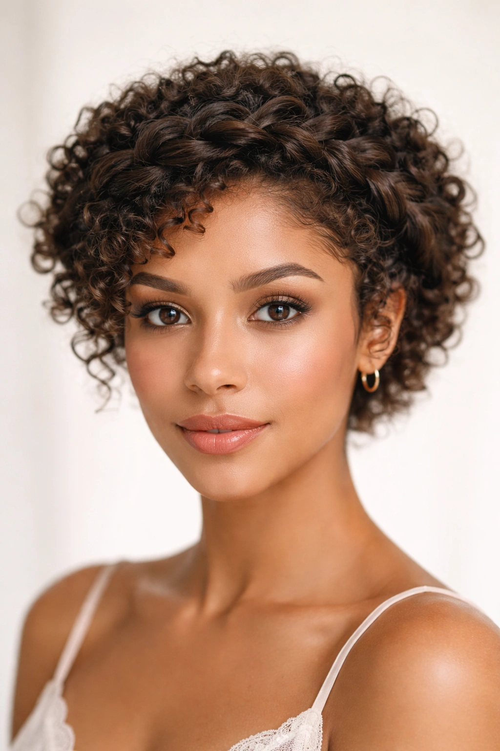 Front view curls halo crown created by twists