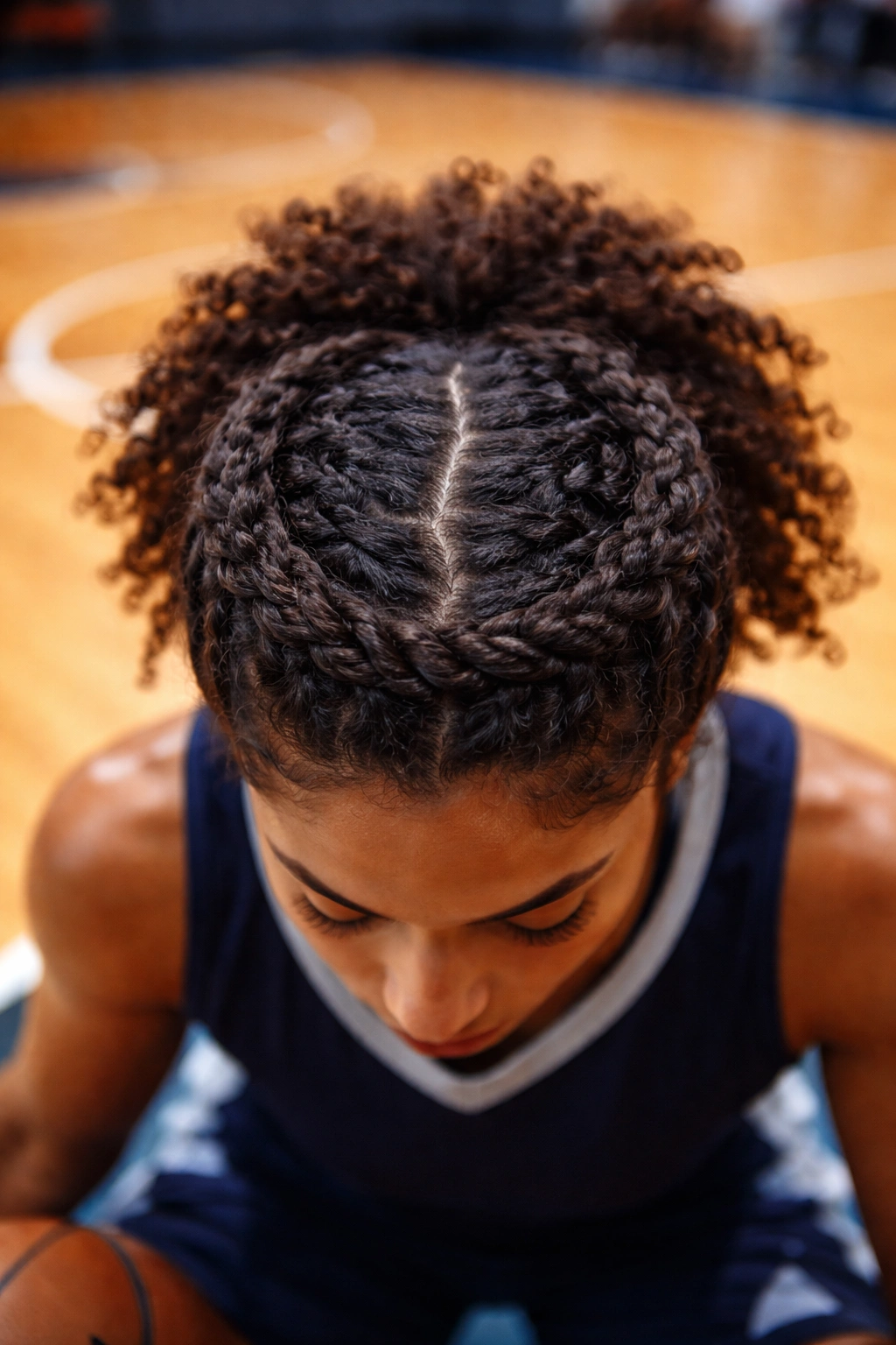 Top-view of twisted crown style with curls wrapped around the crown