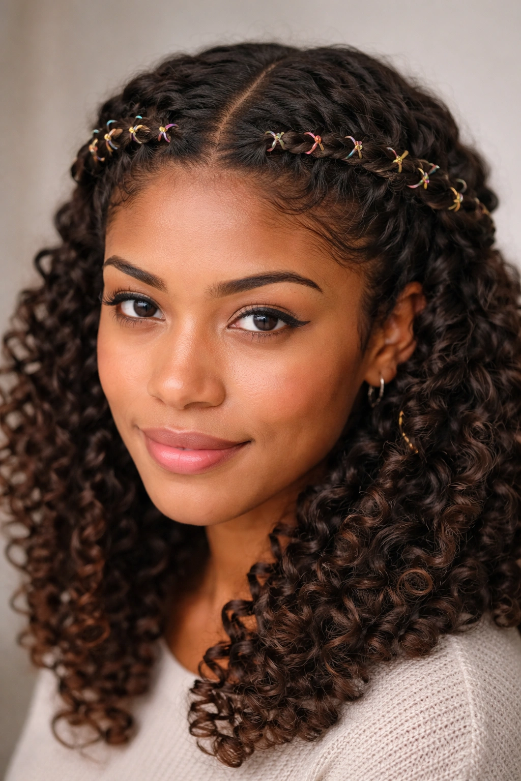 Two-strand twisted crown with rubber bands around the head in curly hair