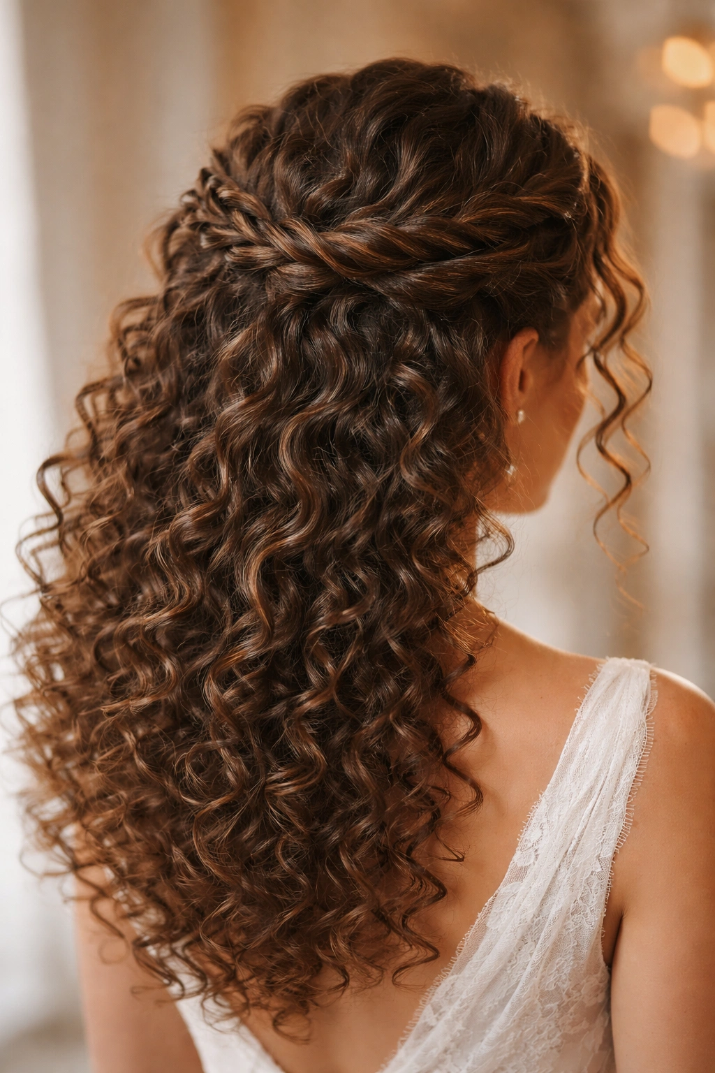 Close-up of twisted double crown hairstyle with wrapped center and cascading curls.